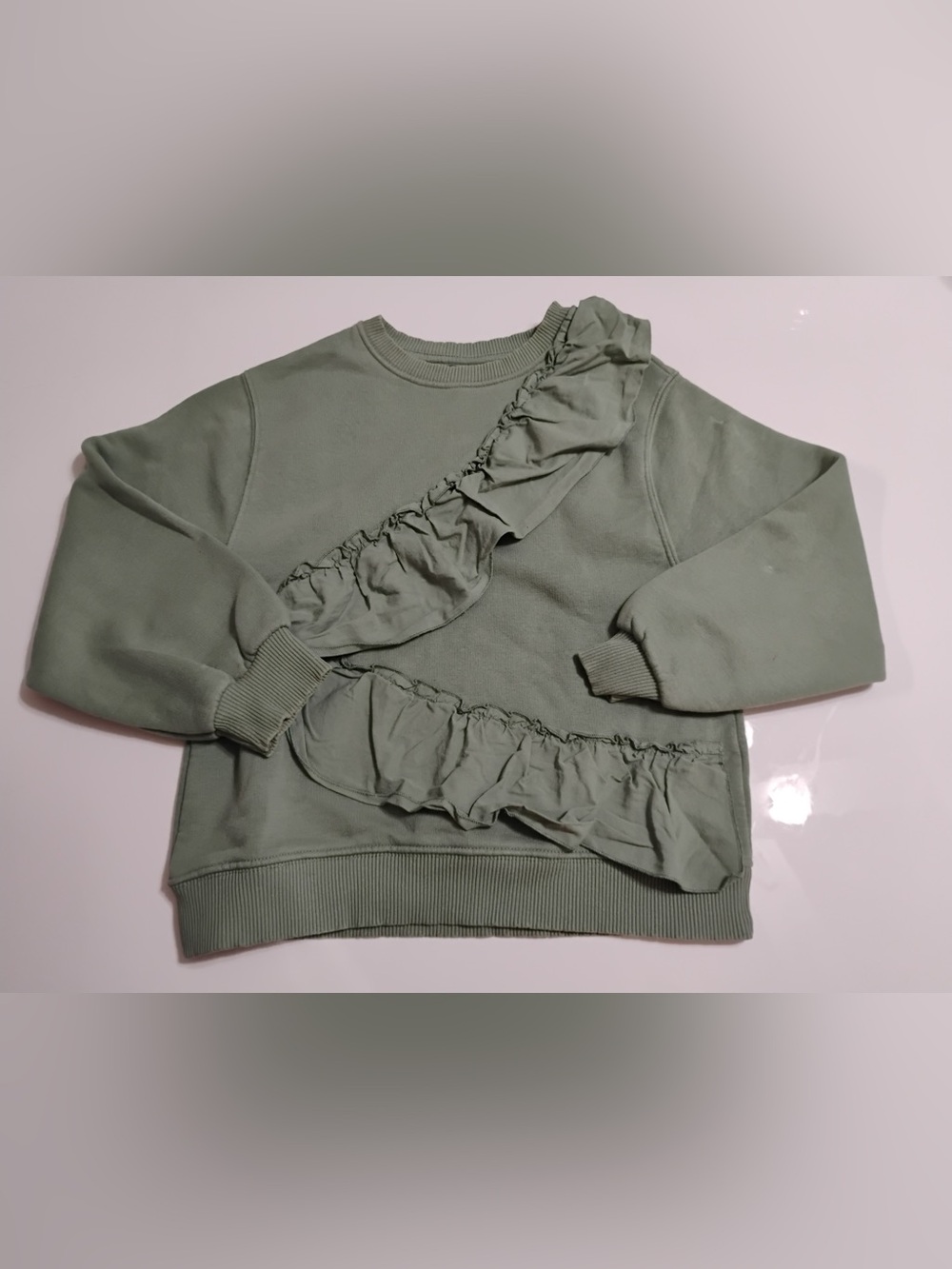 Zara Sage Green Ruffle Crewneck Sweater